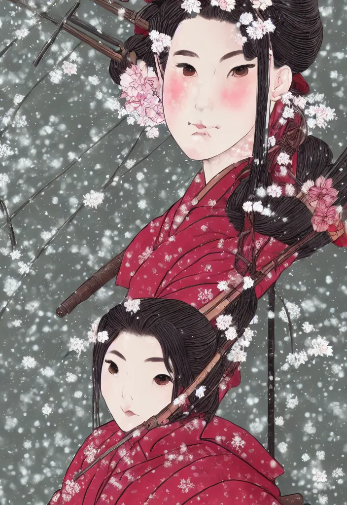 Image similar to detailed portrait of girl samurai in hakama with swords and rifles, in snow forest sakura cherry blossom, taisho roman, trending on artstation, elite, elegant, luxury, perfect face, fine details, realistic shaded, fine - face, pretty face