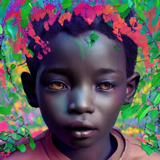 Prompt: colourful vfx art - portrait of crying nigerian boy wrapped in flowers & vines, art by hsiao - ron cheng & james jean, volumetric light, ray tracing, sharp, detailed, digital painting, illustration, highly detailed, intricate detail, unreal engine, octane render, pinterest, behance, art station,