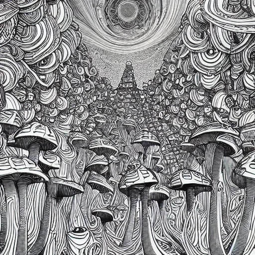 Image similar to Geometrically surreal mushroom city, extremely high detail, photorealistic, intricate line drawings, dotart, album art in the style of James Jean