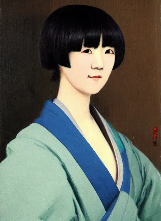 Prompt: Painting of a Japanese woman with bangs in the style of Jean-Léon Gérôme