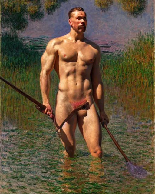 Image similar to muscular soldier wading through a river, sunlight shining on his skin, reflective water, painting by tom of finland, gaston bussiere, craig mullins, j. c. leyendecker, claude monet