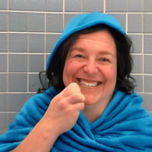 Prompt: Ghislane Maxwell wearing a blue Snuggie, sitting in a jail cell, she is laughing