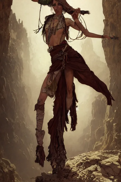 Image similar to a full body portrait of a beautiful post apocalyptic offworld desert bedouin thief savage rogue in beggars clothes in ballet pose by the emerald oasis pools, intricate, elegant, highly detailed, digital painting, artstation, concept art, smooth, sharp focus, illustration, art by krenz cushart and artem demura and alphonse mucha