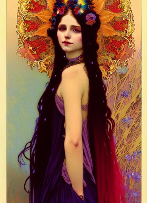 Image similar to ombre velvet gown, feathers, vivid colors, lovely dark autumn princess, portrait, long hair, tiara, jeweled choker, by alphonse mucha, brom, greg rutkowski, anato finnstark