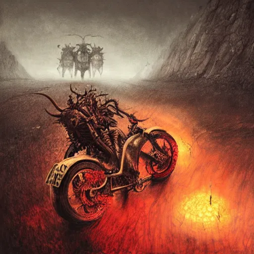 Image similar to motorbikers race in hell, horror art, by beksinski, szukalski, giger, pyromallis, dzo, iris compiet, seb mckinnon, digital art, highly detailed, intricate, sharp focus, trending on artstation hq, deviantart, pinterest, unreal engine 5, 4 k uhd image