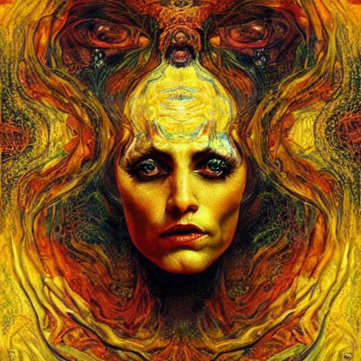 Image similar to Visions of Hell by Karol Bak, Jean Deville, Gustav Klimt, and Vincent Van Gogh, nightmare portrait, infernal, visionary, otherworldly, fractal structures, ornate gilded medieval icon, third eye, hellfire, stygian, spirals, cosmic horror