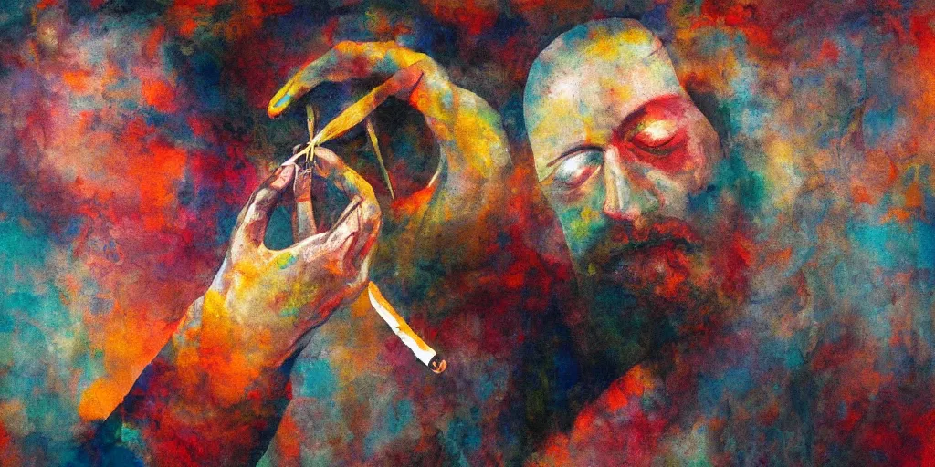 Image similar to abstract painting of a man removing a nail from his third eye