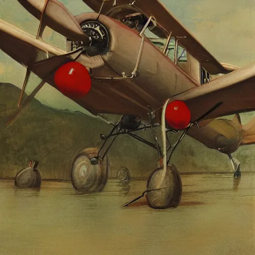 Prompt: a charles r knight painting of a yokai piloting a propeller plane