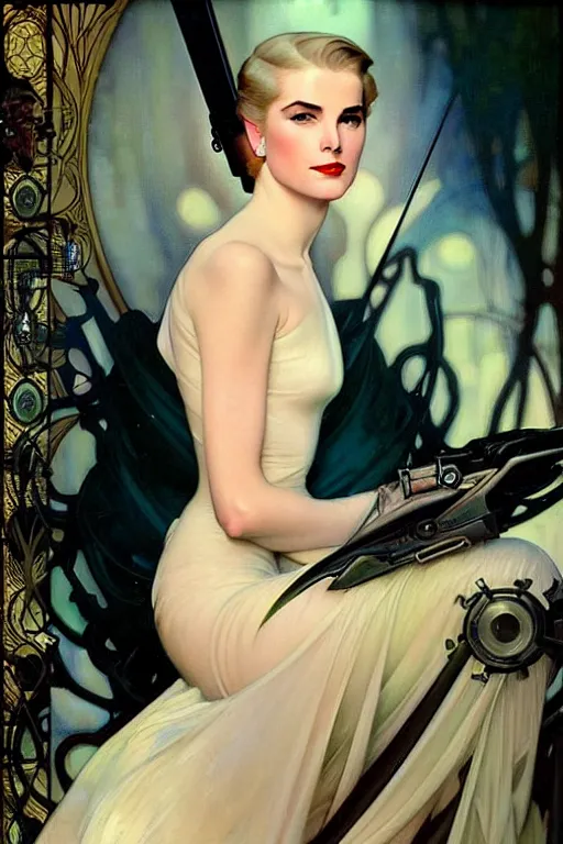 Prompt: young and beautiful evil cyborg grace kelly by future steichen in the style of tom bagshaw, alphonse mucha, gaston bussiere, cyberpunk. anatomically correct elegant cybernetic body mods. extremely lush detail. masterpiece. melancholic scene infected by night. perfect composition and lighting. sharp focus. high contrast lush surrealistic photorealism. sultry evil plan.