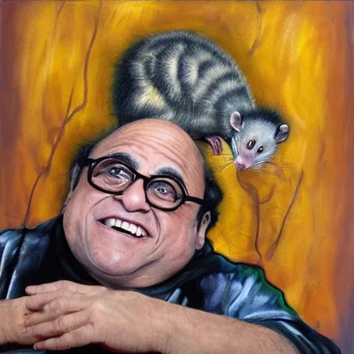 Prompt: danny devito in the form of a possum scaring away cats abstract painting