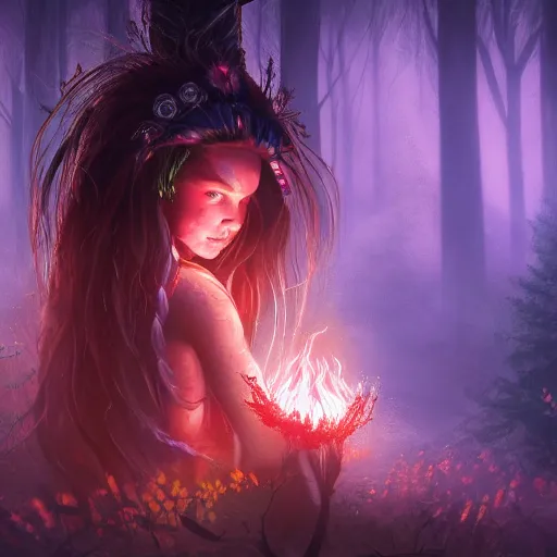 Prompt: magical astonishing dark forest is protected by an indigenous girl, her hair glows on fire as she protects the forest with her fire powers. trending on artstation, splash art hyper-detailed, 4K