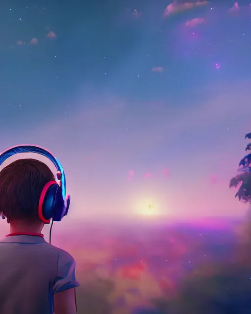 Image similar to boy with headphones looking into the sky, psychedelic trip, cinematic shot, epic composition, fine details, octane render, 8 k, depth of field, concept art, oil painting, digital art, deviantart artstation, extremely detailed, very sharp,