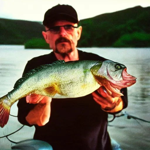 Prompt: walter white bass fishing, 3 5 mm film