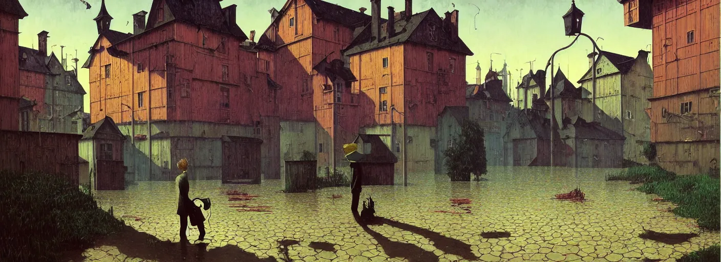 Prompt: flooded! old dark scary wooden empty cursed town street entrance, very coherent and colorful high contrast masterpiece by gediminas pranckevicius rene magritte norman rockwell franz sedlacek, full - length view, dark shadows, sunny day, hard lighting, reference sheet white background
