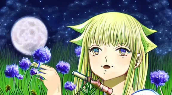 Image similar to Lucy Heartfilia sitting in a field of Ghibli Clover | Big Moon at Night | GLOWING FLOWERS | strong blue rimlit | visual-key | anime illustration | highly detailed | in the style of Anmi