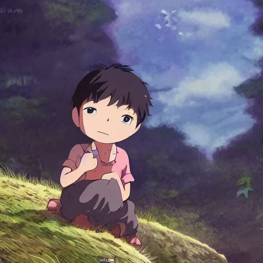 Image similar to friendly guy and small creature , with Fragile looking character portrait anime face made by Studio Ghibli highly detailed art, beautiful scene, sharp focus, smooth, 8k, anime art,