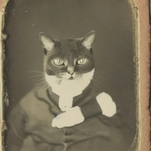 Prompt: tintype photo of a cat, 1 8 8 0 s