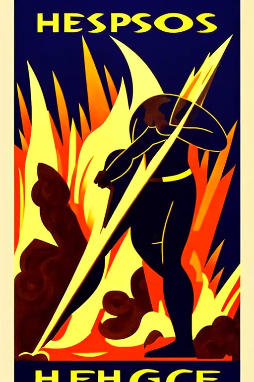 Image similar to art deco poster. hephaestus at the forge