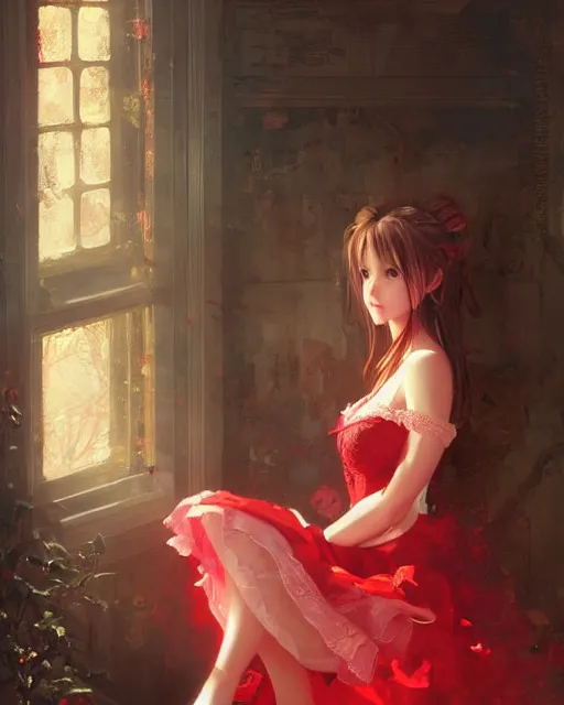 Image similar to aerith gainsborough in red lace skirt, portrait, illustration, rim light, top light, perfectly shaded, soft painting, art by krenz cushart and wenjun lin