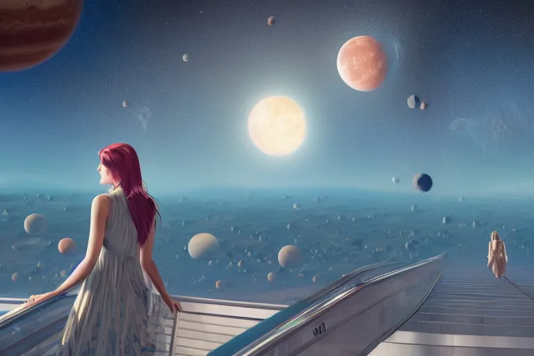 Prompt: super wide view of a moon surface, beautiful dress girl looking at the camera, shy, blushes, slightly smiling, so many planets and stars on the background, escalator to the another planets, hyperdetailed and aesthetic face and body, octane render, unreal engine, 8 k, intricate, surrealistic fantasy illustration by conrad roset and peter mohrbacher and frank moth