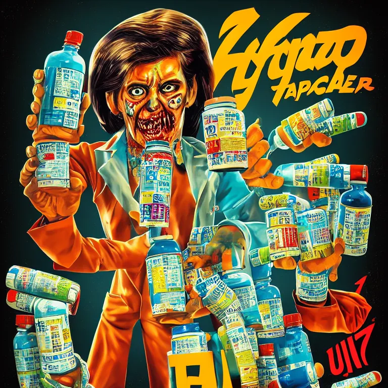 Image similar to hyperdetailed cyber fun 70's poster painting in a color style of 70's black poster art of an a crazy pharmacist zombie holding a giant jar of pills, epic scale ultrawide angle, 3D rendered, Vray rendered, octane render, unreal engine