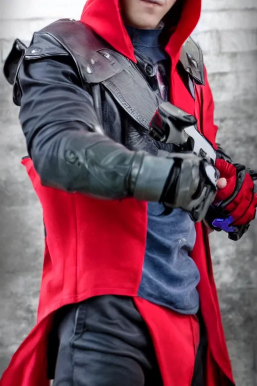 Image similar to red hood cosplay, cellphone picture