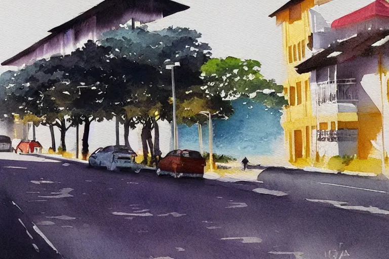 Image similar to !! watercolor!! penang road in a sunny day, artwork by tooth wu, colorful contrast,!!!! very coherent!!!!, dark shadow, thick lineart