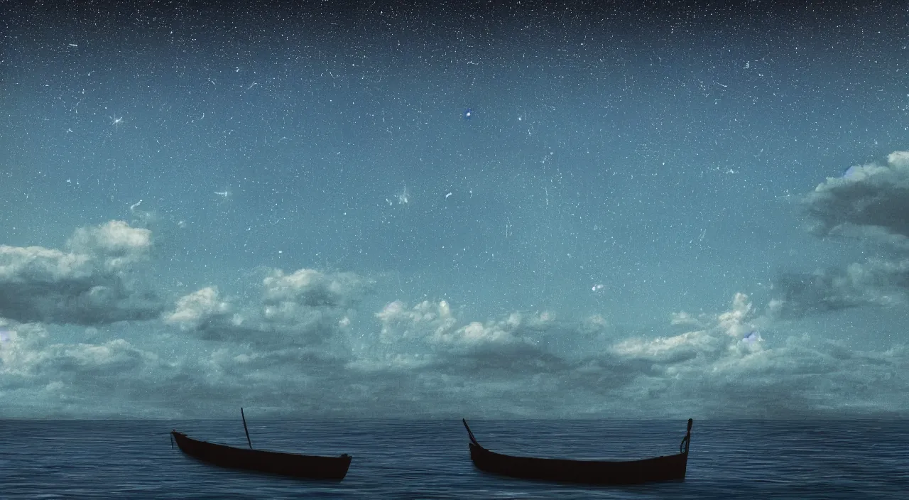 Image similar to Lonely boat on Starry night with clear water blue dark tones realistic