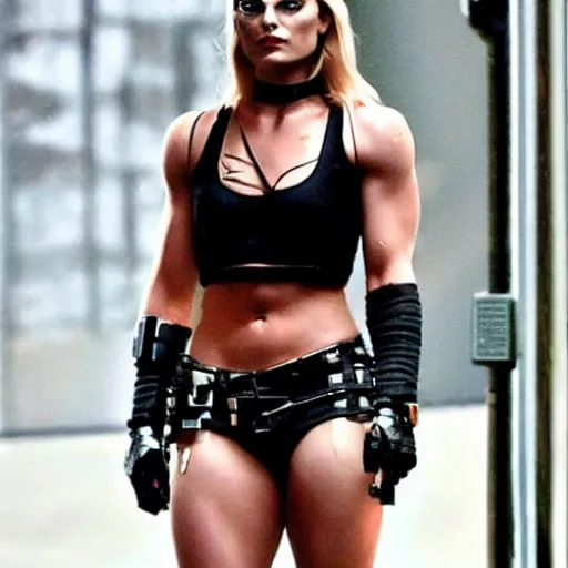 Image similar to Muscle Bound Margot Robbie Cyberpunk cyborg