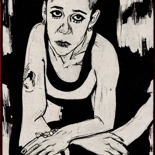 Prompt: kathy acker, portrait, by guido crepax