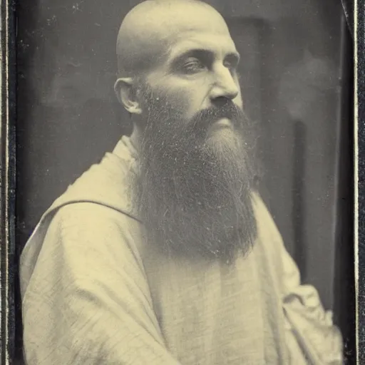 Image similar to tintype photograph of medieval monk, medieval abbot, italian monastery, medieval photograph