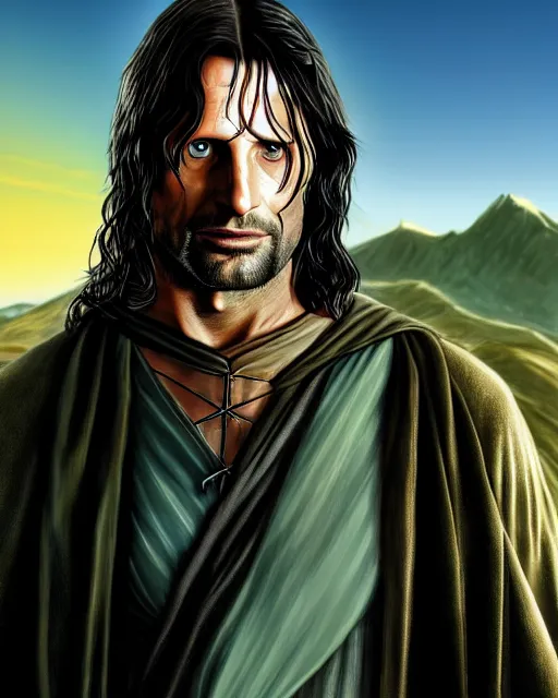 Prompt: Aragorn from Lord of the rings in GTA V, Cover art by Stephen Bliss, boxart, loading screen, 8K resolution