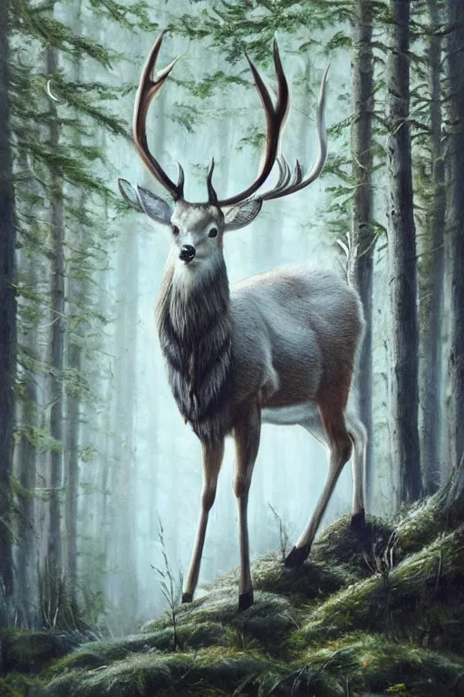 Image similar to an oil painting of the king of the forest: a white stag, beautiful, fantasy, hyper realistic, dramatic lighting