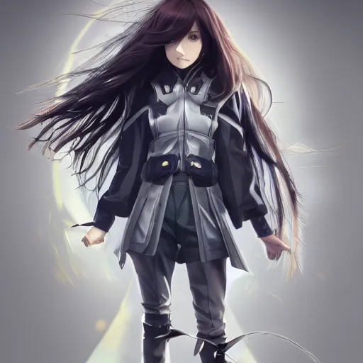 Image similar to girl with jet engine as legs, anime style, long hair, hair down, symmetrical facial features, from arknights, hyper realistic, 4 k, rule of thirds, extreme detail, detailed drawing, trending artstation, hd, cyborg, d & d, realistic lighting, by alphonse mucha, greg rutkowski, sharp focus, backlit, neck