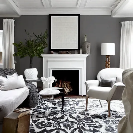 Prompt: cozy living room, grey walls, white ceiling, fireplace, medallion area rug