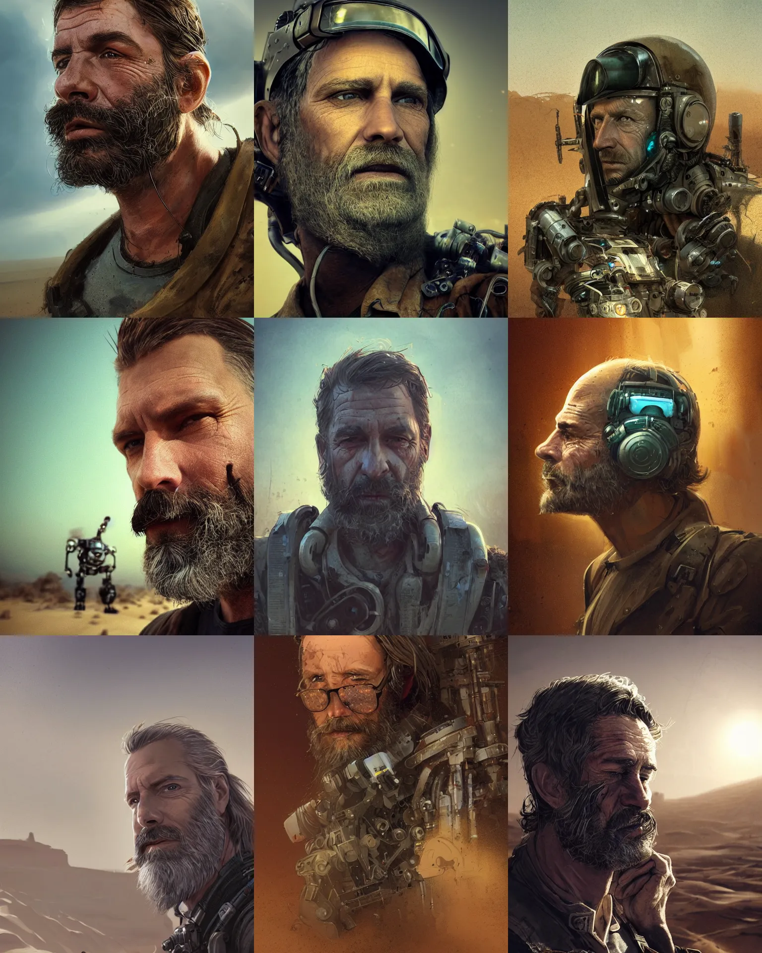 Prompt: a rugged middle aged engineer man with cybernetic enhancements lost in the desert, funky mid length hair, scifi character portrait by greg rutkowski, esuthio, craig mullins, short beard, green eyes, 1 / 4 headshot, cinematic lighting, dystopian scifi gear, gloomy, profile picture, mechanical, half robot, implants, dieselpunk