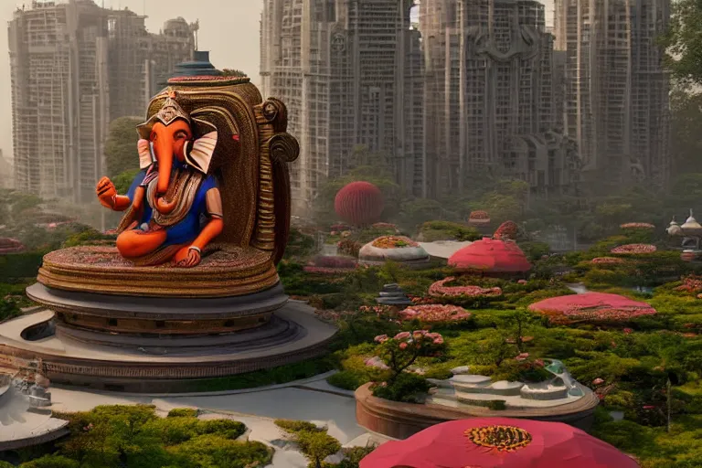 Image similar to beautiful futuristic 3 d new delhi, sharp sci - fi ganesha!! building, kalighat flowers, octane highly detailed cinematic, stephen shore & john j. park, soft morning light, wide shot, high angle, uhd 8 k, shallow depth of field