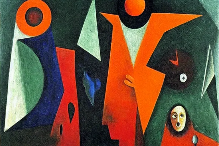 Image similar to born under a bad sign, good luck and trouble are my only friends, colors white!!, orange, dark green, dark blue, abstract oil painting by leonora carrington, by max ernst