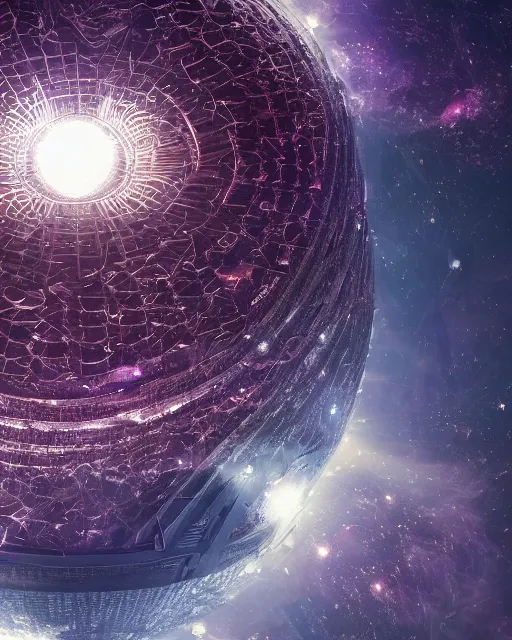 Prompt: photo of a dyson sphere, scifi, complex design, illuminated, masterpiece, massive, star inside, unknown technology, space, nebula, stars, energy flowing, atmospheric, mysterious, visible layers, 4 k high definition, artstation, insanely detailed, art by akihiko yoshida, rob mcnaughton