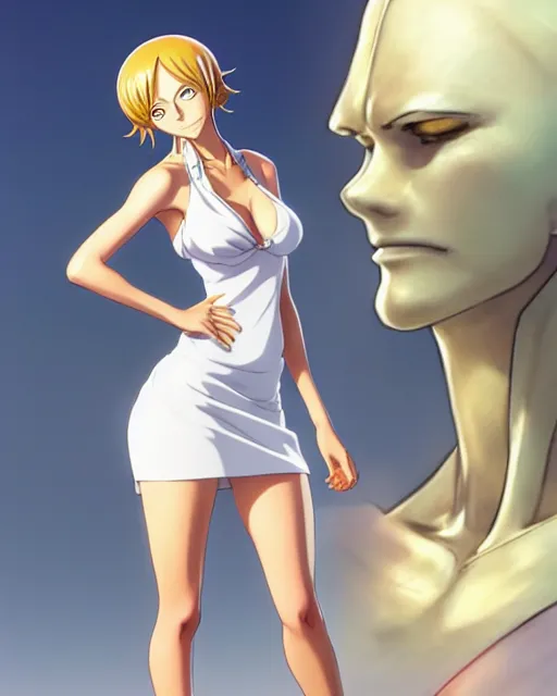 Image similar to a southern woman as nami from one piece, simple cream dress, detailed perfect face, mid view, by artgerm, by studio muti, greg rutkowski makoto shinkai takashi takeuchi studio ghibli