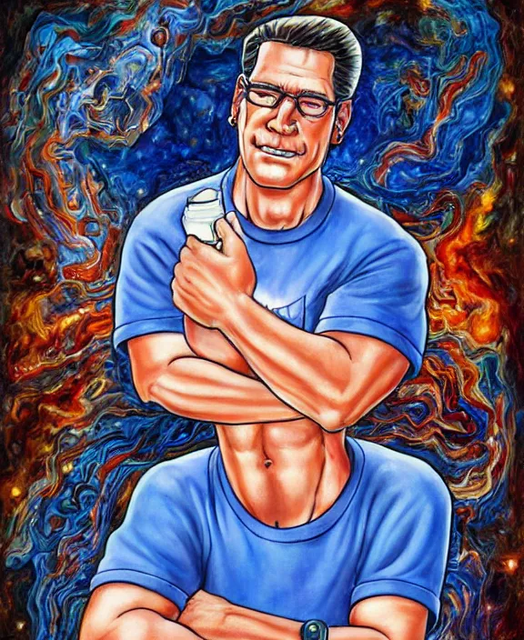 Prompt: normal hank hill wearing bluejeans and white tshirt, the god of propane, blue flames, propane tanks, magic realism, art by josephine wall, art by mike judge, art by huang guangjian, art by viktoria gavrilenko, art by amanda sage, trending on artstation