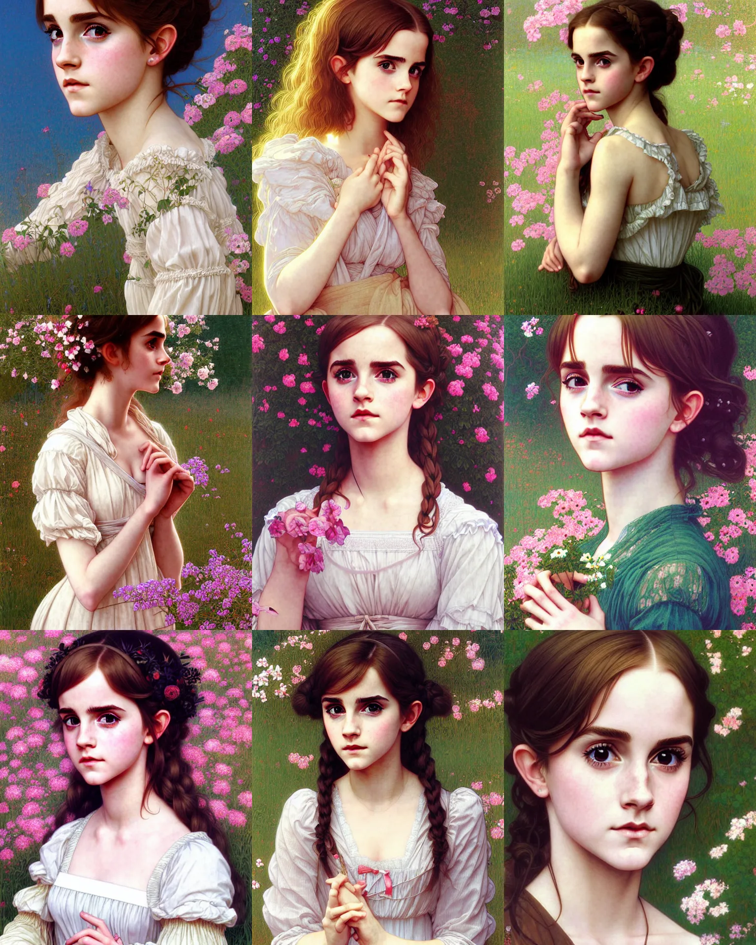 Prompt: portrait of beautiful cute young country maiden anime emma watson in lace, summertime, high details, art by ( ( ( kuvshinov ilya ) ) ) and wayne barlowe and gustav klimt and artgerm and wlop and william - adolphe bouguereau