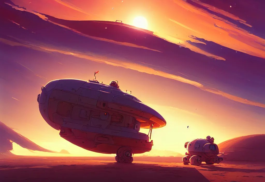 Prompt: a small chubby spaceship in a desert, golden hour, intricate oil painting, high detail illustration, sharp high detail, manga and anime 1 9 9 9, official fanart behance hd artstation by jesper ejsing and makoto shinkai, 4 k,