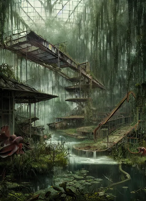 Prompt: an abandoned overgrown theme park in a swamp, photorealistic movie still by michael komarck, greg rutkowski, victo ngai, artgerm, willem claesz heda and j. dickenson