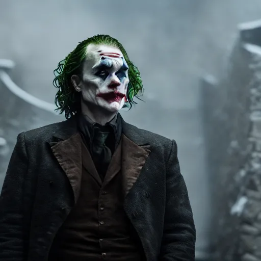 Image similar to the joker in game of thrones, 4 k, epic, cinematic, focus, movie still, serious, extreme detail, atmospheric, dark colour