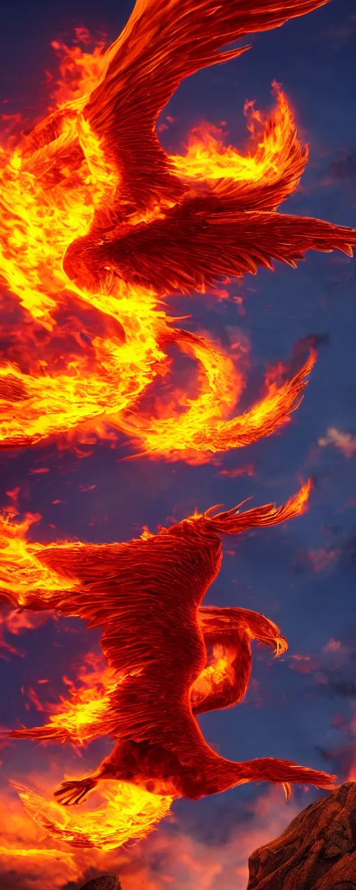 Image similar to fire flaming phoenix photorealism cinematic flying majestic epic detailed 4K