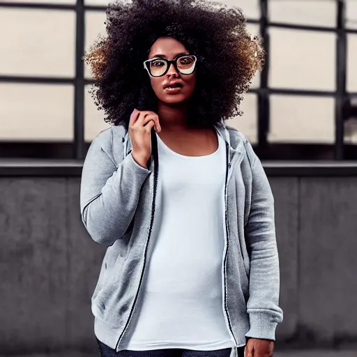 Prompt: A beautiful curvy woman with #E0A37A skin color with long, puffy, afro hair, half-frame square glasses, light grey hoodie opened, white T-Shirt, white gloves, denim jacket, birkenstock sandals, cartoon style, character art