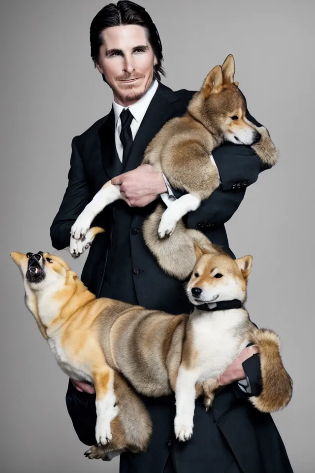 Image similar to a highly detailed portrait of a cleanly - shaven christian bale in a suit with slicked back hair, holding a shiba inu in his arms, hyperrealistic, highly detailed, 8 k, canon 2 4 mm f / 1. 4 lens,