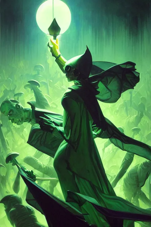 Prompt: the dark magician directs an army of the undead to the light one in a green acid fog, futurism, painting by greg rutkowski, j. c. leyendecker, artgerm