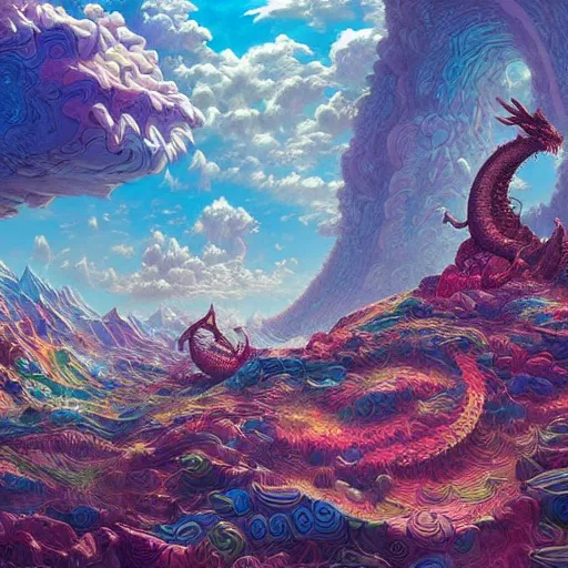 Image similar to psychedelic concept art painting of a dragon landscape made of thousands of dragons, realistic, detailed, cel shaded, in the style of makoto shinkai and moebius and peter mohrbacher and anton fadeev